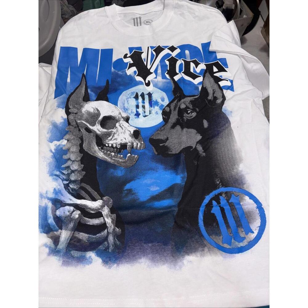 MI Vice Doberman Skeleton Graphic White Blue Black Tee Mens XL NWOT NEW